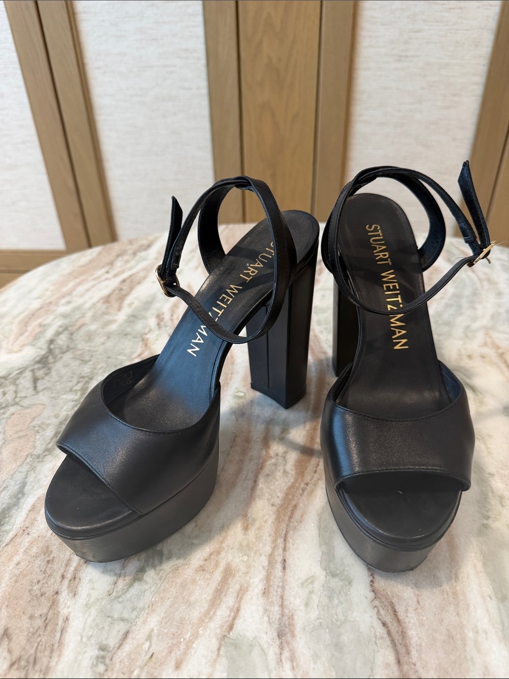 Stuart Weitzman Black Leather Platform Block-Heel Sandals